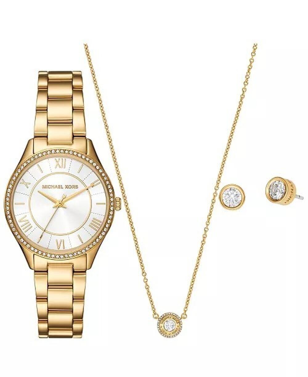 Michael Kors Lauryn Stainless Steel Quartz Watch Earrings and Necklace Gift Set
